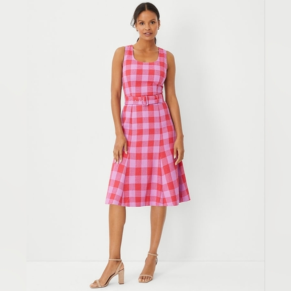 Ann Taylor Dresses & Skirts - Ann Taylor Pink Purple Plaid Belted Midi Checkered Sleeveless Dress Sz Pepite 0